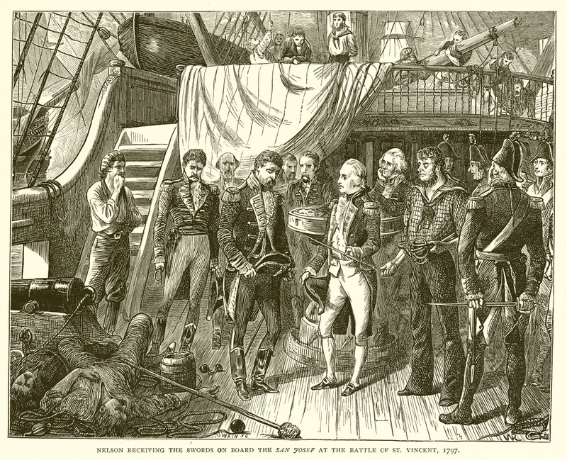 Nelson recevant les épées à bord du San Josef à la bataille de Saint-Vincent, 1797 - English School