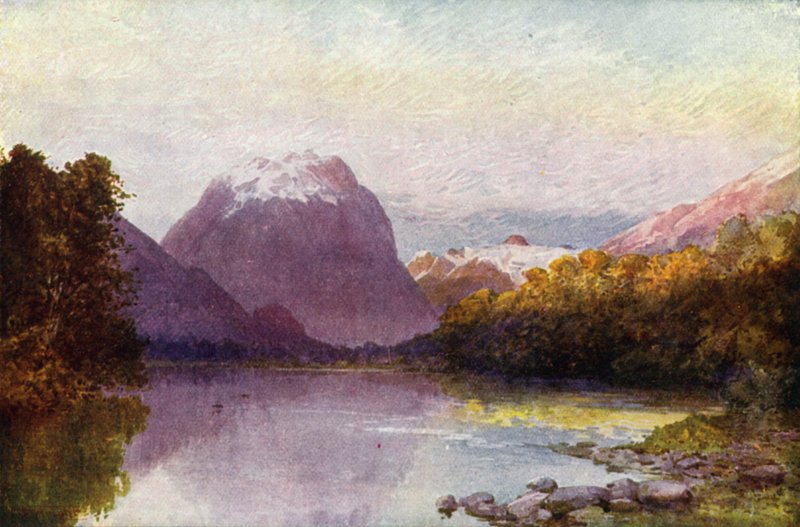 Nouvelle-Zélande : A la tête du lac Te Anau (lithographie couleur) - English School