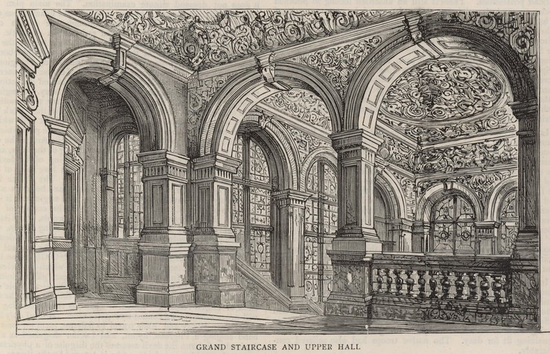 Nouveau bâtiment du Constitutional Club à Northumberland Avenue : Grand escalier et hall supérieur - English School