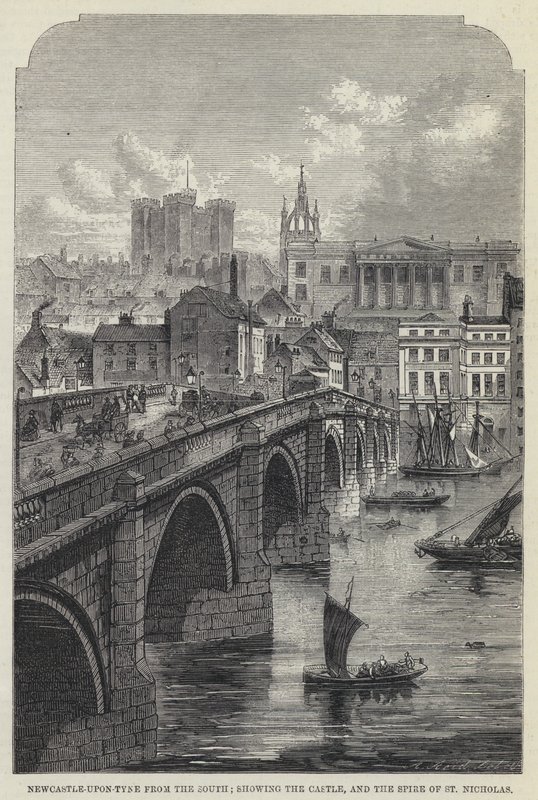 Newcastle-upon-Tyne depuis le Sud, montrant le Château et la Flèche de Saint-Nicolas (gravure) - English School