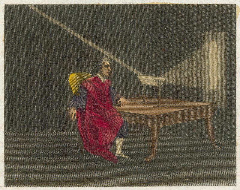 Newton découvrant la nature de la lumière (gravure en couleur) - English School