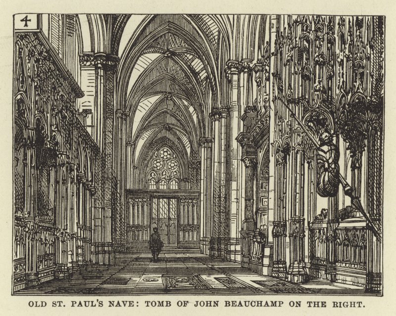 Ancienne cathédrale de St Paul, nef, tombeau de John Beauchamp à droite - English School