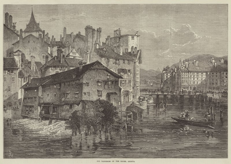 Vieilles tanneries sur le Rhône, Genève (gravure) - English School