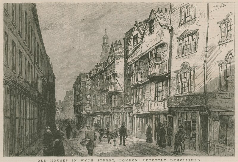Vieilles maisons à Wych Street, Londres, récemment démolies - English School