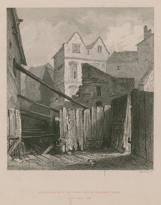 Vieilles maisons avec la partie ouverte du Fleet Ditch près de Field Lane - English School