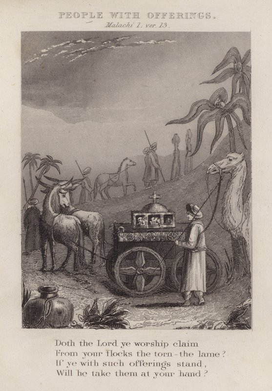 Personnes avec des offrandes, Malachie I, verset 13 (gravure) - English School