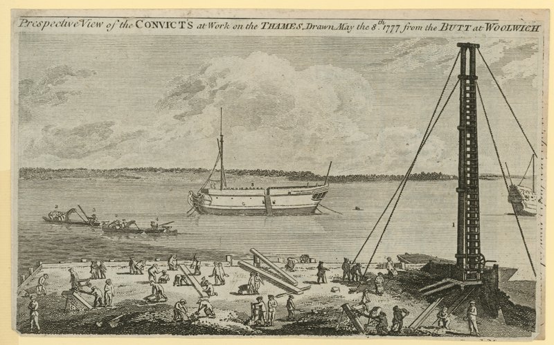 Vue en perspective des condamnés travaillant sur la Tamise - English School