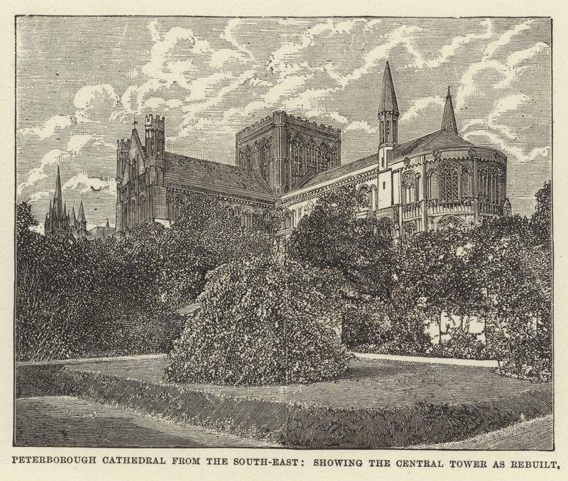 Cathédrale de Peterborough depuis le sud-est, montrant la tour centrale reconstruite - English School