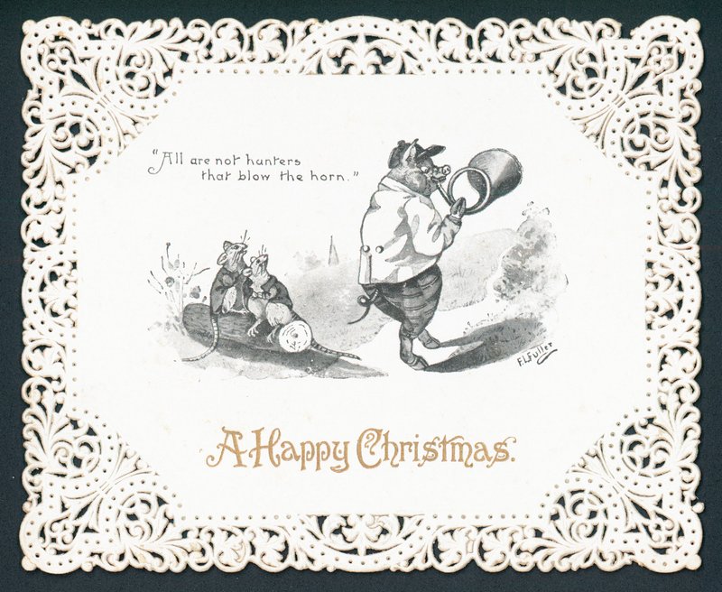 Cochon soufflant dans une corne, Carte de Noël - English School