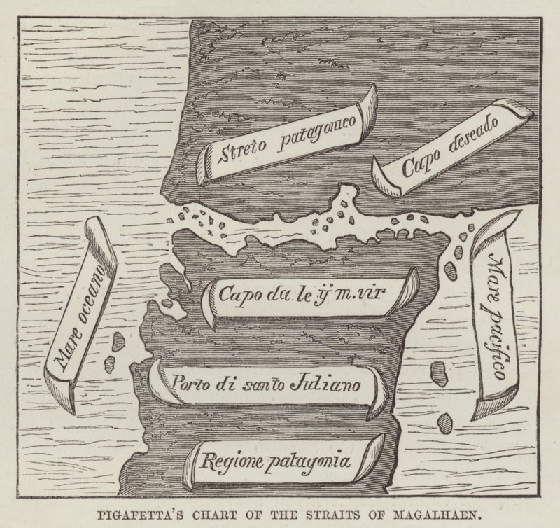 Carte de Pigafetta du détroit de Magellan (gravure) - English School