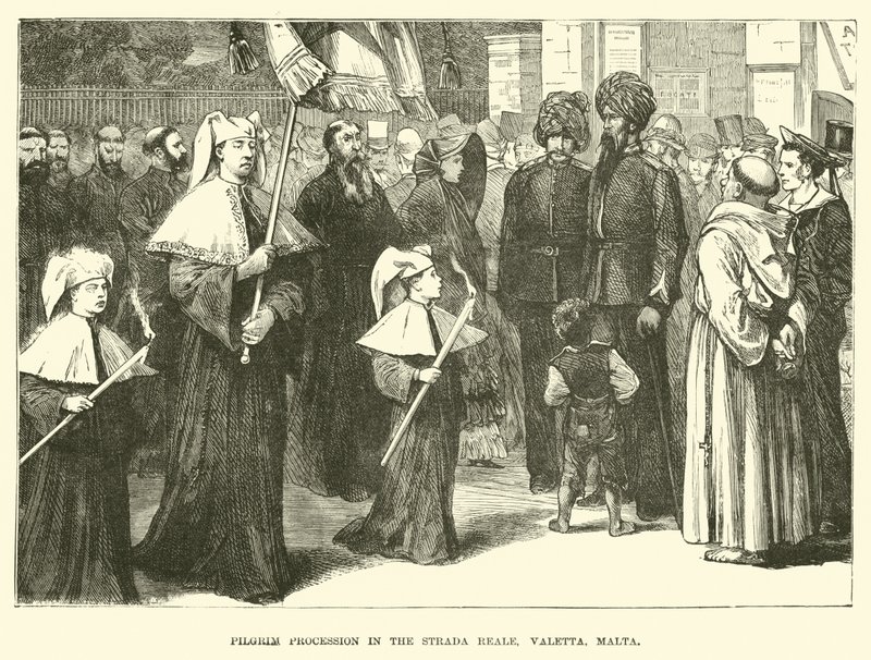 Procession de pèlerins dans la Strada Reale, La Valette, Malte - English School