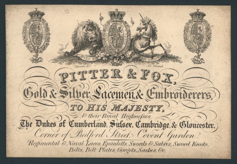 Pitter et Fox, brodeurs en or et argent, Bedford Street, Covent Garden, carte de visite - English School