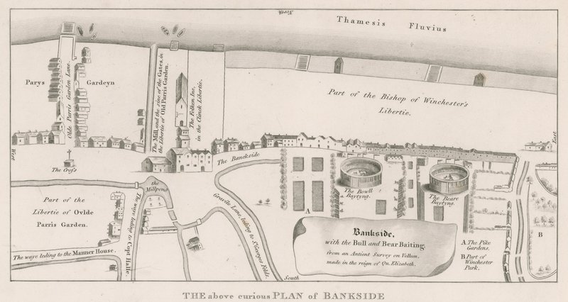 Plan de Bankside sur la Tamise basé sur une ancienne enquête réalisée sous le règne de la reine Elizabeth, montrant les combats de taureaux et d