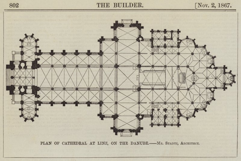 Plan de la cathédrale de Linz, sur le Danube (gravure) - English School
