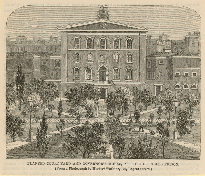 Cour plantée et maison du gouverneur à la prison de Tothill Fields - English School