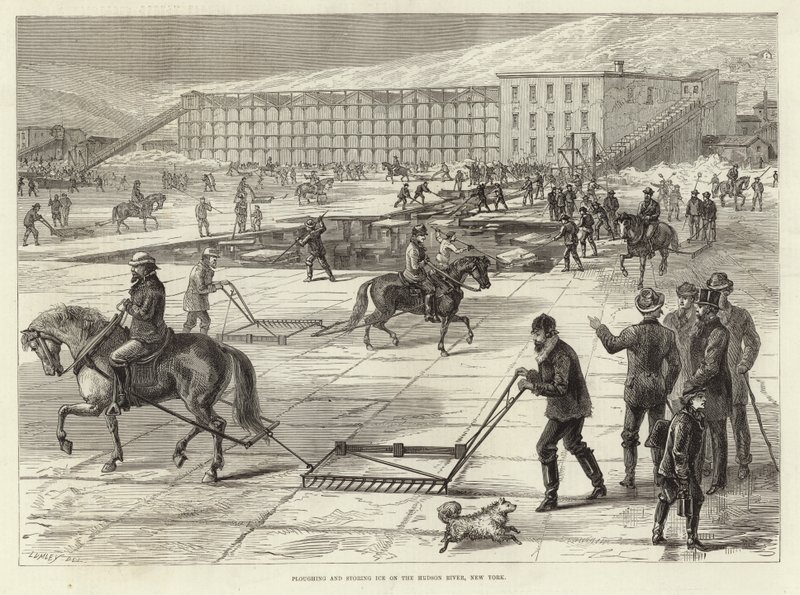 Labourer et stocker de la glace sur la rivière Hudson - English School