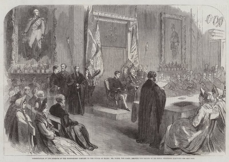 Présentation de la liberté de la compagnie des poissonniers au prince de Galles, M. Towse, le greffier, lisant le procès-verbal de l