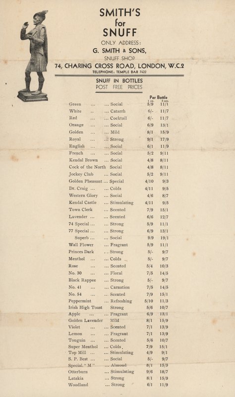 Liste de prix pour G Smith & Sons, boutique de tabac à priser - English School