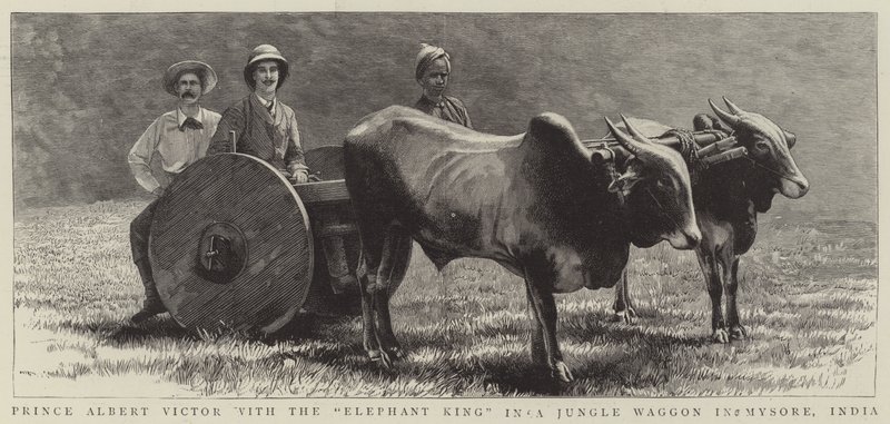 Le prince Albert Victor avec le "roi des éléphants" dans un wagon de jungle à Mysore, Inde - English School