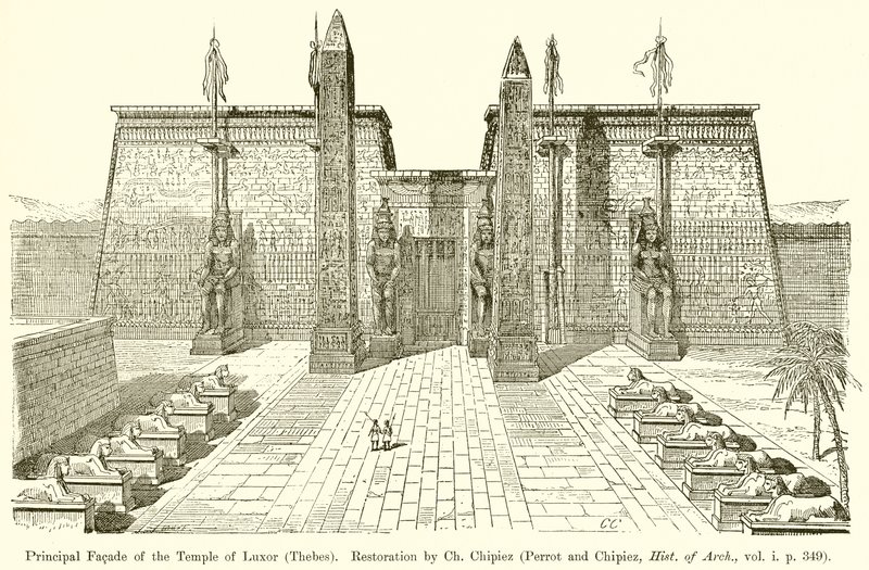 Façade principale du temple de Louxor (Thèbes). Restauration par Ch. Chipiez (Perrot et Chipiez, Hist. de l
