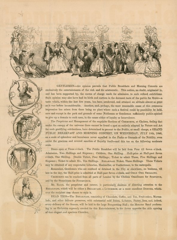 Dépliant promotionnel pour un grand petit-déjeuner public et un concert matinal le 15 juillet 1846 - English School
