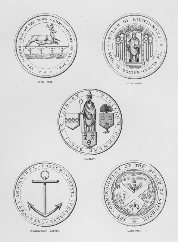 Armoiries publiques : New Ross ; Kilwinning ; Paisley ; Anstruther Easter ; Langholm (gravure) - English School