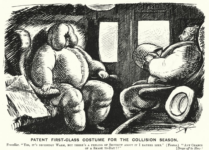 Dessin de Punch : Costume de première classe breveté pour la saison des collisions - sécurité sur les chemins de fer - English School
