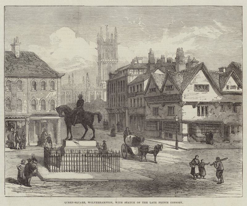 Queen-Square, Wolverhampton, avec statue du défunt prince consort (gravure) - English School