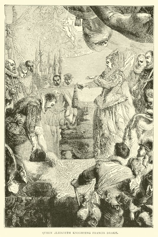 La reine Élisabeth adoubant Francis Drake - English School