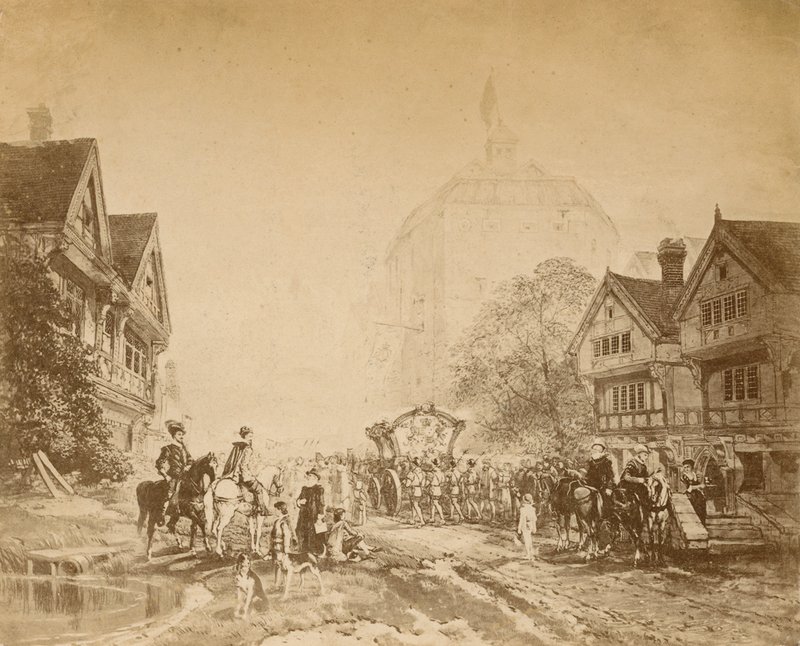La reine Elizabeth visitant le Globe Theatre - English School