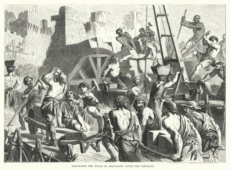 Reconstruction des murs de Jérusalem, après la captivité (gravure) - English School