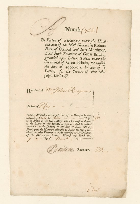 Reçu pour la loterie de la liste civile de 1713 - English School