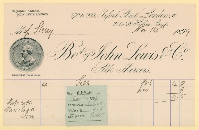 Reçu de John Lewis & Co., 14 novembre 1896 - English School