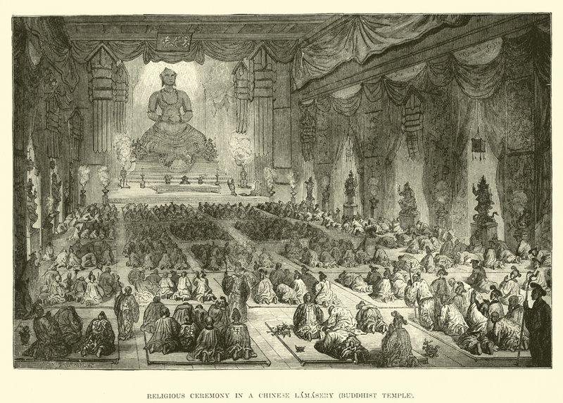 Cérémonie religieuse dans un lamaserie chinois, temple bouddhiste - English School