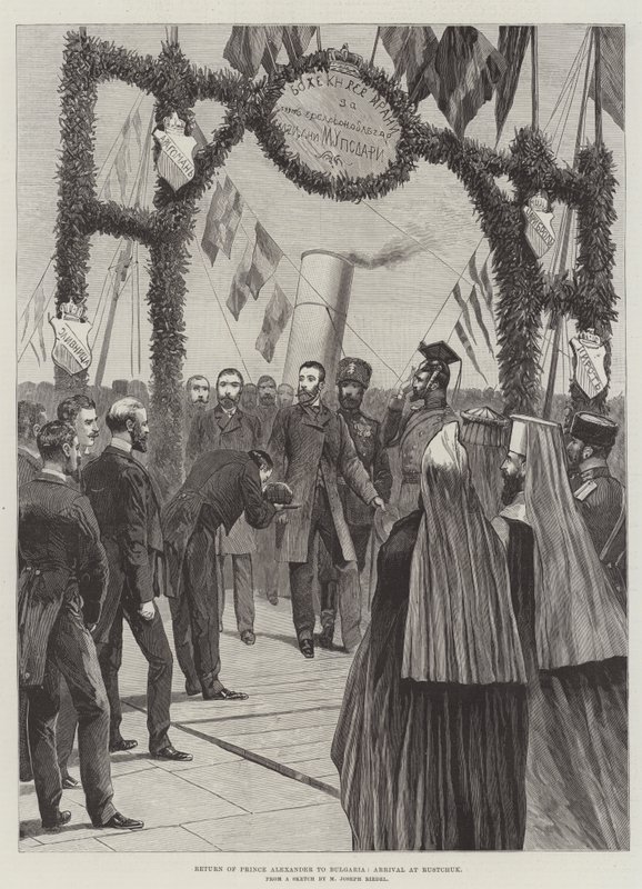 Retour du prince Alexandre en Bulgarie, arrivée à Rustchuk (gravure) - English School