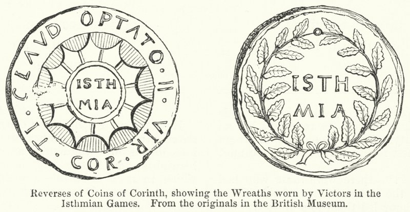 Revers des pièces de monnaie de Corinthe, montrant les couronnes portées par les vainqueurs des Jeux isthmiques - English School