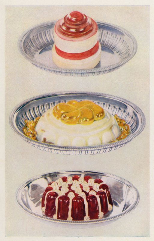 Gelée ruban ; Pudding Vénus ; Gelée de vin et crème (lithographie en couleur) - English School