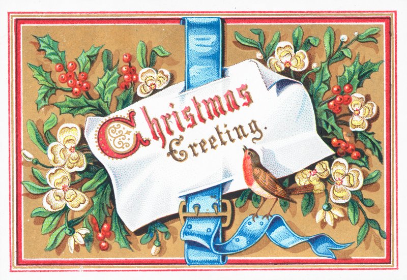 Rouge-gorge avec message et fleurs, Carte de Noël - English School