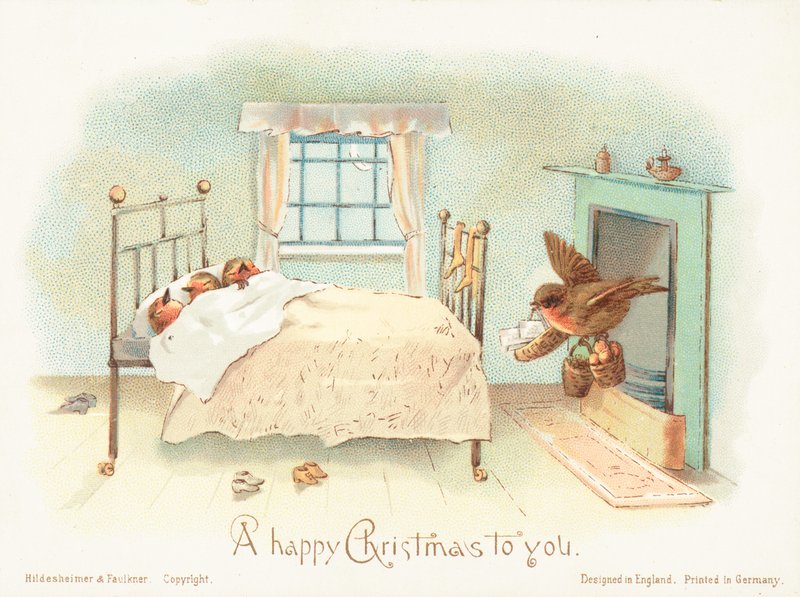 Rouges-gorges endormis dans un lit, carte de Noël - English School
