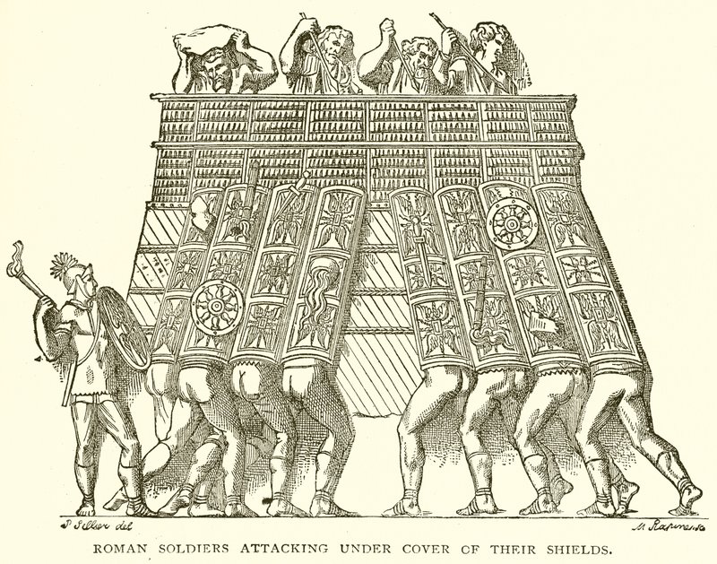 Soldats romains attaquant sous la couverture de leurs boucliers - English School