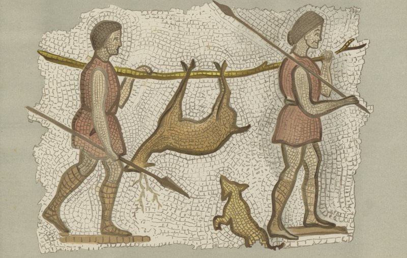 Mosaïque romaine, montrant deux hommes portant un cerf - English School