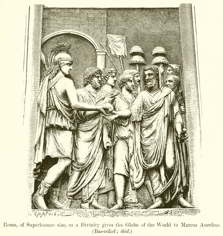 Rome, de taille surhumaine, en tant que divinité donne le globe du monde à Marc Aurèle (Bas-relief; ibid) - English School