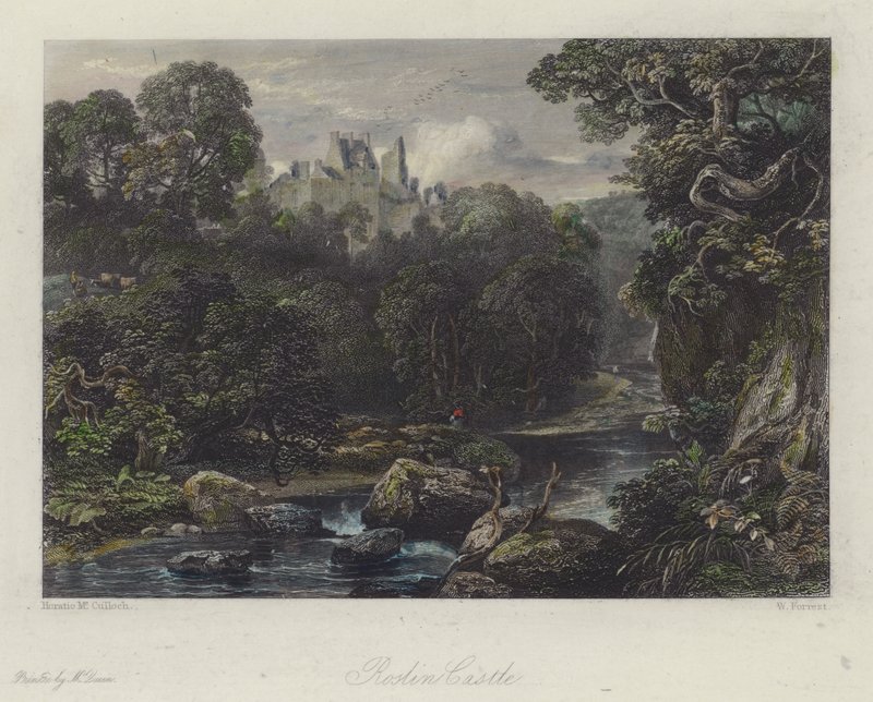 Château de Roslin, Écosse (gravure en couleur) - English School