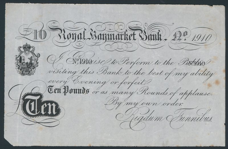 Banque Royal Haymarket, billet de banque théâtral humoristique - English School