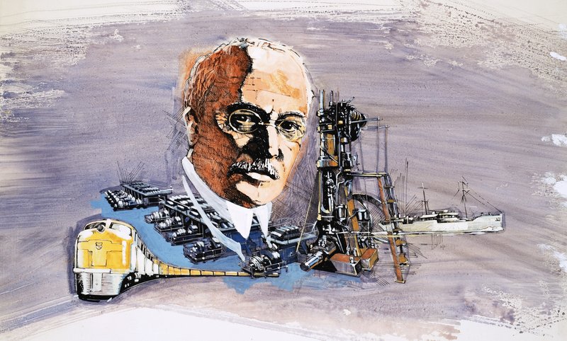 Rudolf Diesel sur fond de trains, bateaux et docks - English School