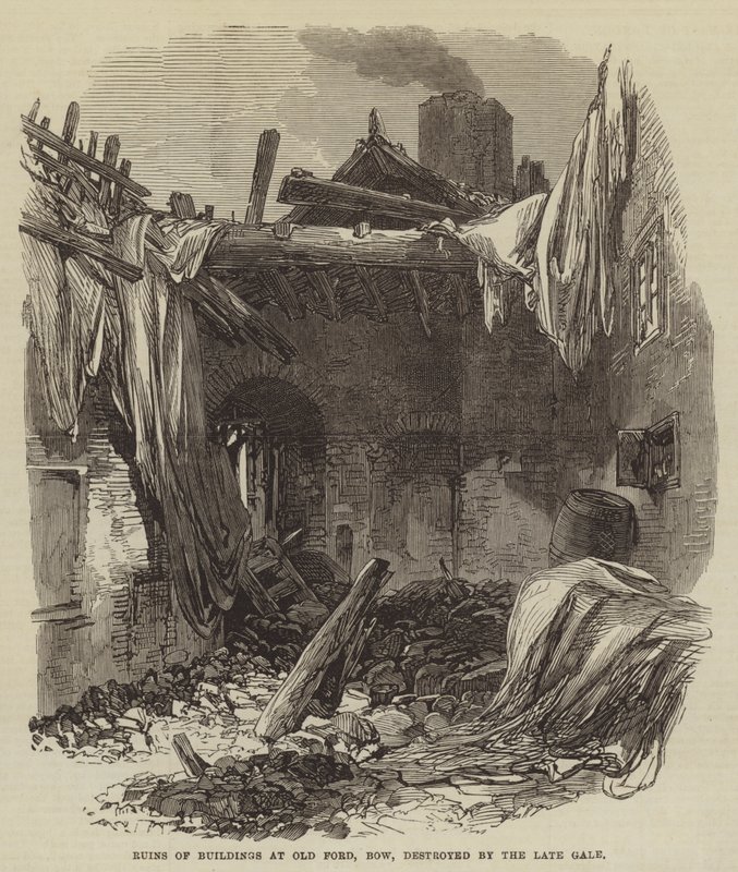 Ruines de bâtiments à Old Ford, Bow, détruits par la récente tempête (gravure) - English School