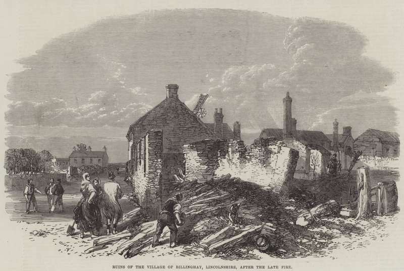 Ruines du village de Billinghay, Lincolnshire, après le récent incendie - English School