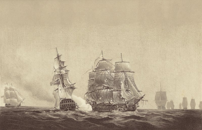 Le navire russe Vsevolod abaissant ses couleurs devant le HMS Implacable, attaché à la marine suédoise et commandé par le capitaine Thomas Byam Martin, dans la Baltique, 26 août 1808 - English School