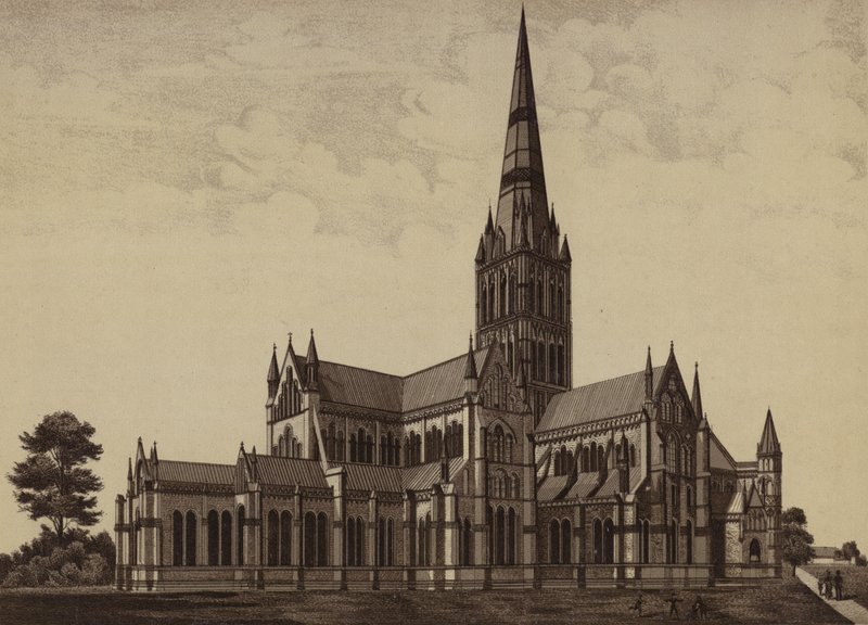 Cathédrale de Salisbury, vue du nord-est (lithographie) - English School
