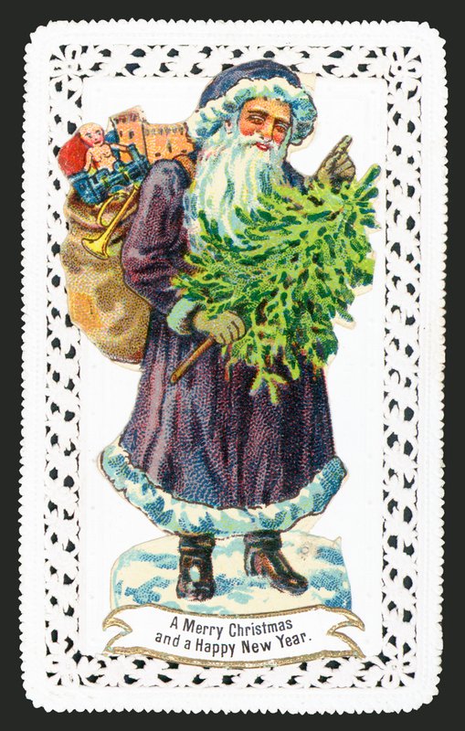 Père Noël avec sac de jouets et arbre, carte de Noël - English School